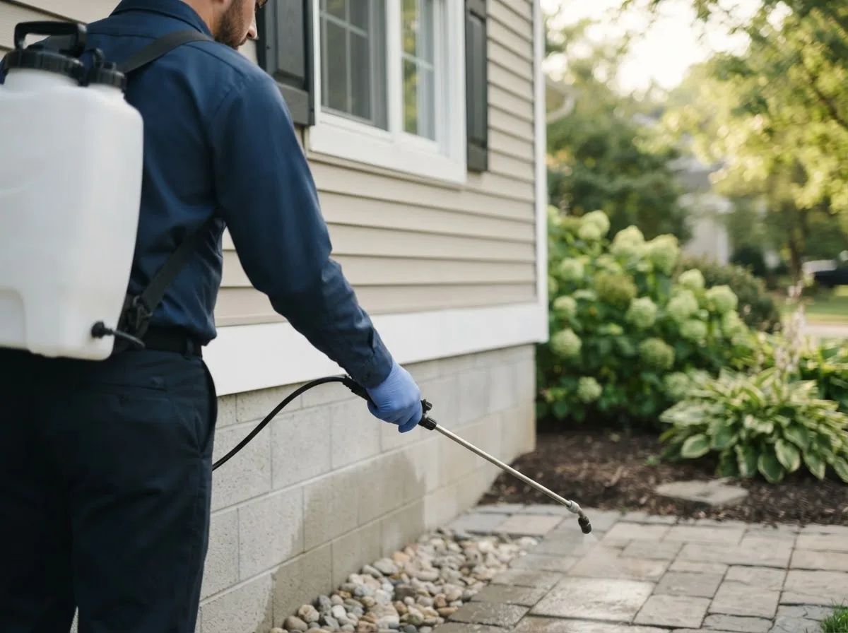 Pest control technician inspecting a home in Escanaba, MI
